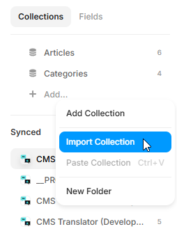 Framer Collections panel showing the + Add button dropdown with Import Collection highlighted